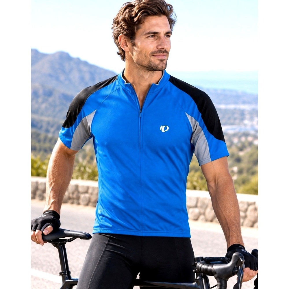 Pearl Izumi Cycling Jersey Mens M Blue Short Sleeve Quarter Zip 3-Rear Pockets